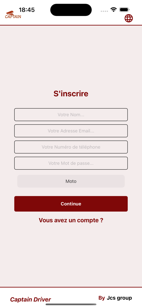 Captain Driver - Signup form for Captain Driver app including name email and vehicle selection