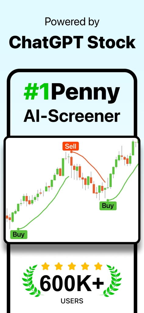 Penny Stocks Screener: AI Scan - AI 기반 매수 및 매도 신호가 표시된 캔들스틱 주가 차트를 보여주는 페니 스톡 스크리너 앱 인터페이스.