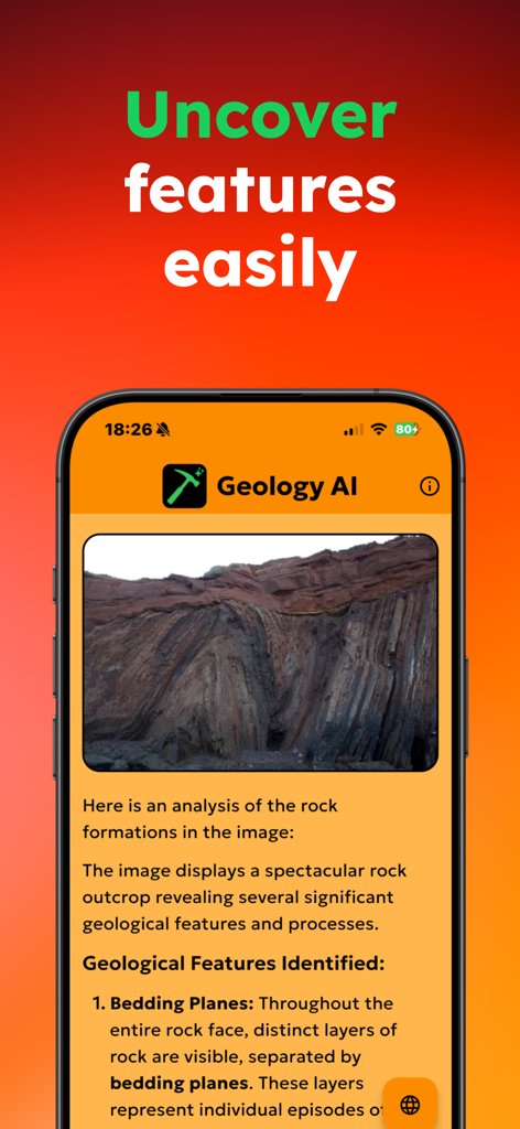 Geology Toolkit: AI Rock ID - A screenshot of the Geology AI app analyzing a rock outcrop and identifying geological features like bedding planes.