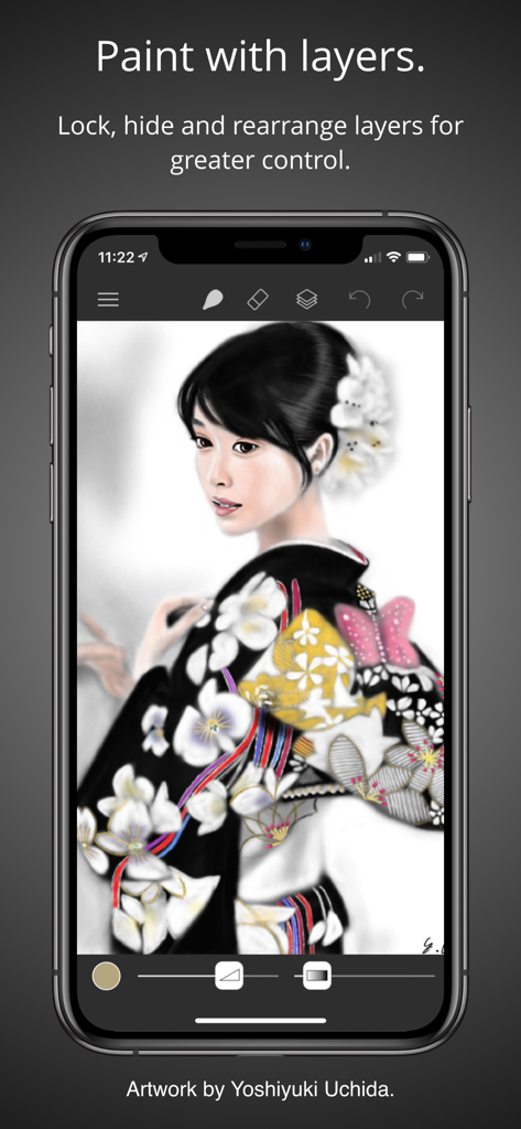 Brushes - Brushes 4 mobile app interface demonstrating layer management with a detailed digital portrait of a woman