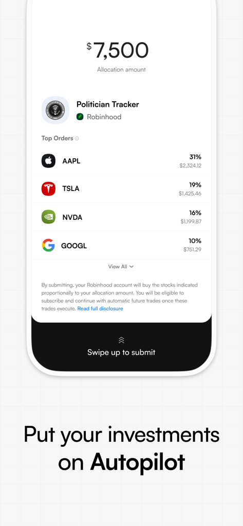 Interface of the Autopilot investment app showing the politician tracker feature with a list of top stock orders