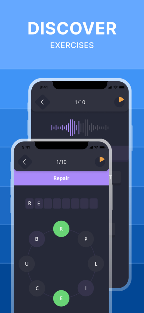 Interface of the 2Shine app featuring a spelling game and a listening exercise for learning English