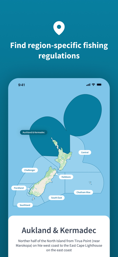 NZ Fishing Rules - Interfaz de la aplicación móvil que muestra un mapa de las regiones de pesca y las regulaciones de Nueva Zelanda.
