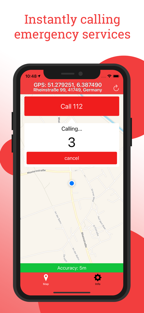 112 App - Screenshot of the 112 App showing GPS coordinates and a countdown for an emergency call