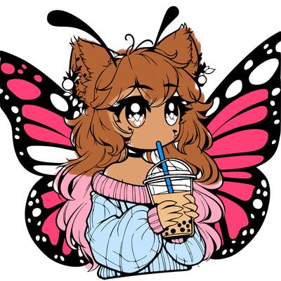 a realistic butterfly/furry girl drinking boba