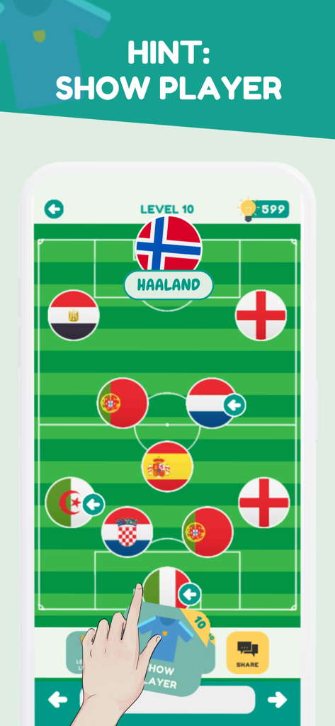 Guess the Football Team 2026 - A screenshot of a football trivia app showing a team lineup with a hint revealing the name of the player Haaland