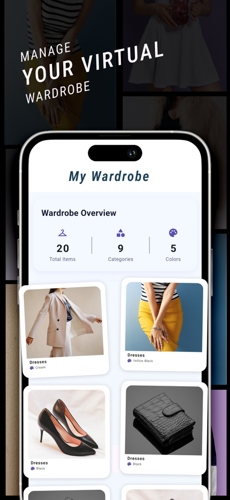 Bildschirm eines Mobiltelefons, das die virtuelle Garderobenoberfläche der FitCheck App mit Artikelkategorien und Kleidungsfotos anzeigt