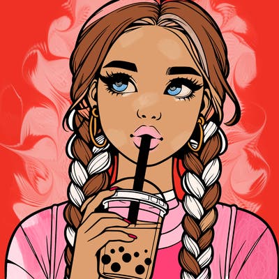 realistic girl with braided hair drinking boba