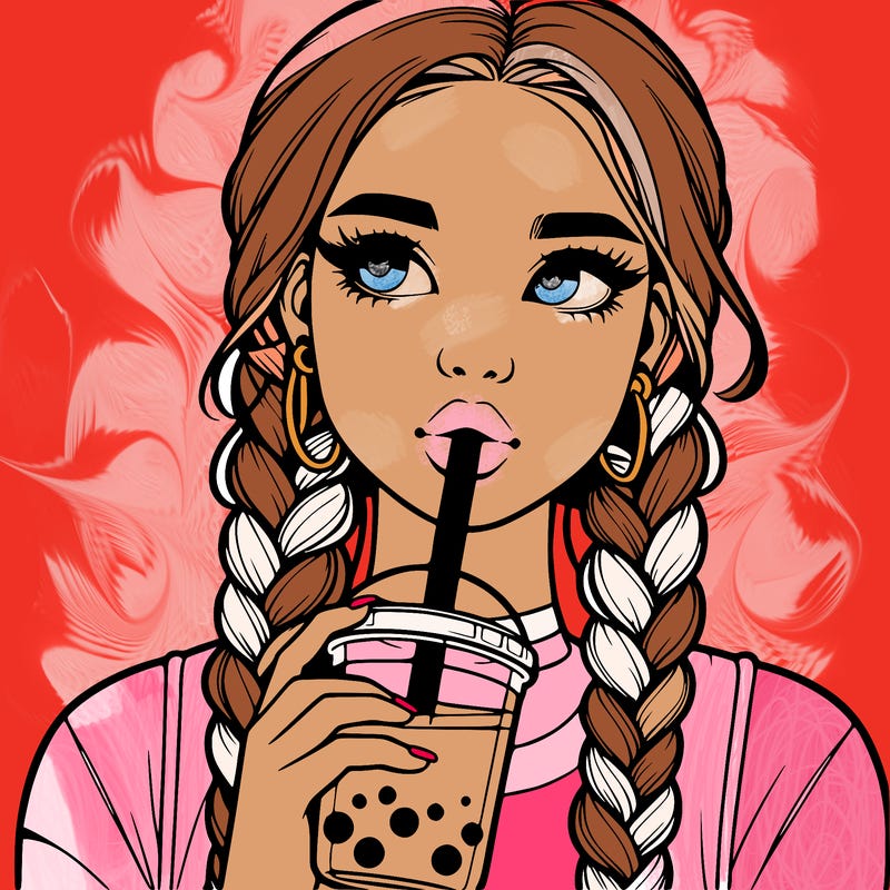 realistic girl with braided hair drinking boba
