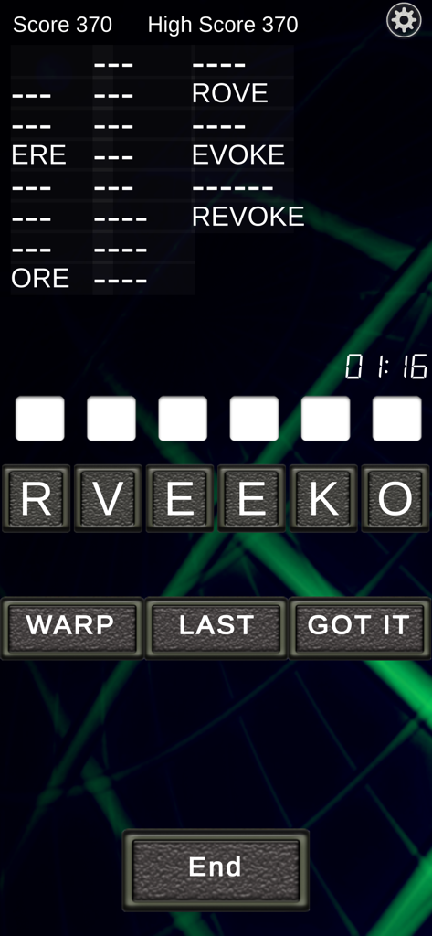 Word Warp - A Word Puzzle Game - Pantalla de juego de Word Warp con fichas de letras y una lista de palabras descubiertas como revoke y evoke