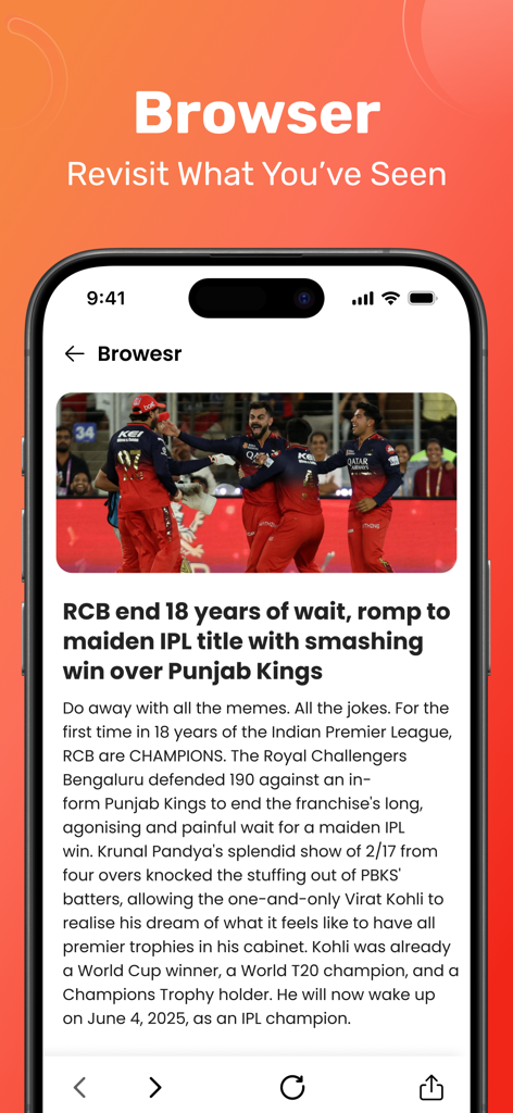 All Video Downloader & Play - Screenshot, der den integrierten Browser der All Video Downloader App zeigt, der einen Nachrichtenartikel über einen Sporterfolg darstellt.
