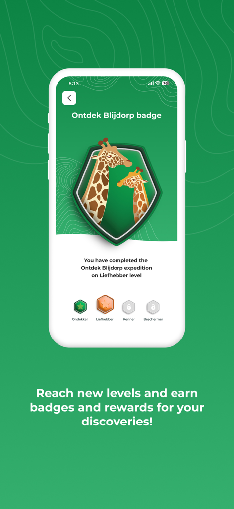Rotterdam Blijdorp Zoo - Mobile app screen showing a giraffe discovery badge and achievement levels for the Rotterdam Blijdorp Zoo expedition
