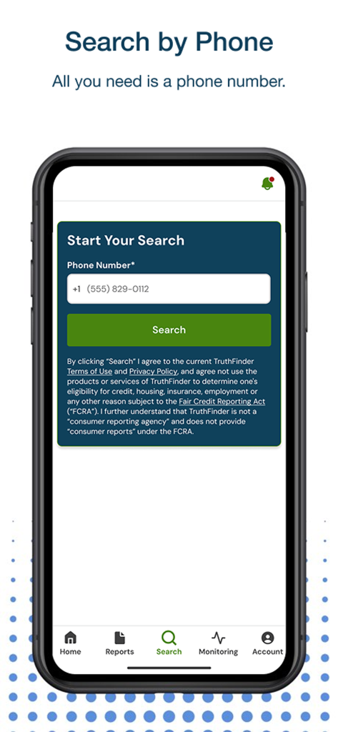 Interfaz de la aplicación Intelius Search para búsqueda inversa de números de teléfono