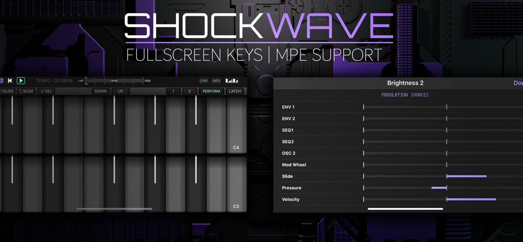 ShockWave synth module interface showing fullscreen keys and MPE modulation sources
