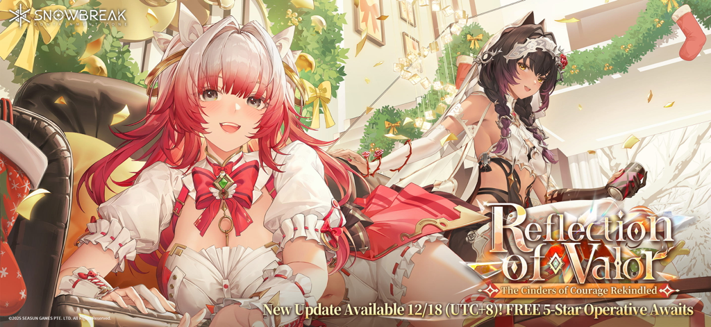 Snowbreak Containment Zone Reflection of Valor update banner featuring festive anime characters and a free 5-star operative offer