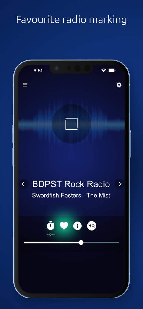 HU Radio - HU Radio app interface showing the player screen with a heart icon for marking favorite stations.