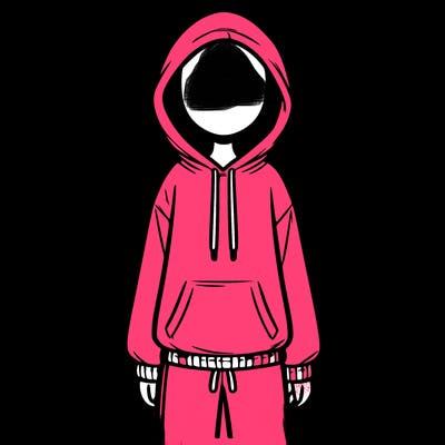 faceless girl in a tracksuit with a hood on and no hair