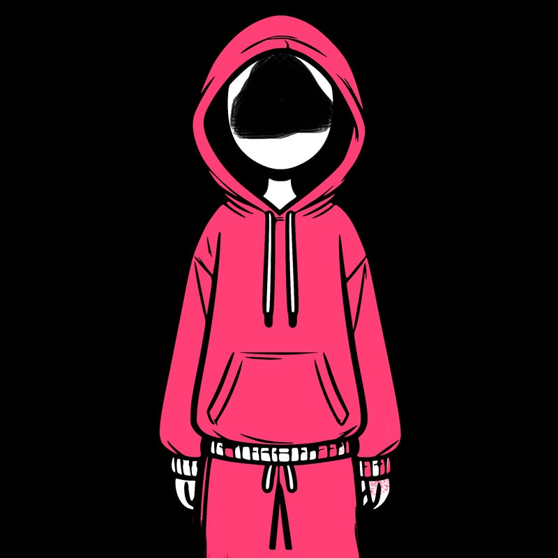 faceless girl in a tracksuit with a hood on and no hair