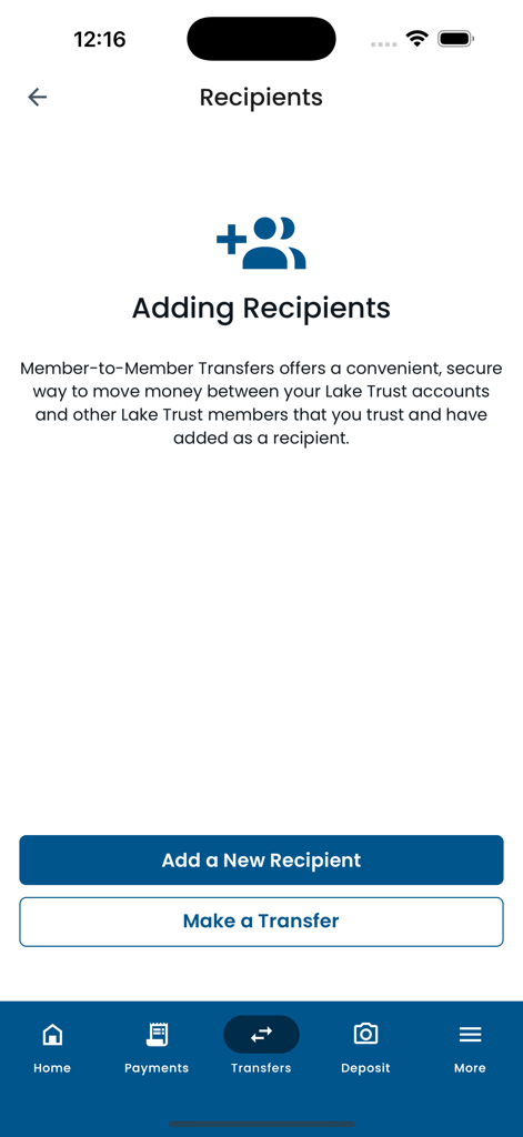 Lake Trust Mobile Banking - Pantalla de la aplicación de Banca Móvil de Lake Trust para agregar destinatarios y realizar transferencias de miembro a miembro