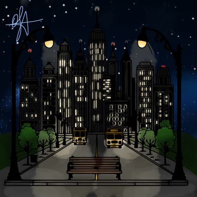 city skyline with street lights and benches