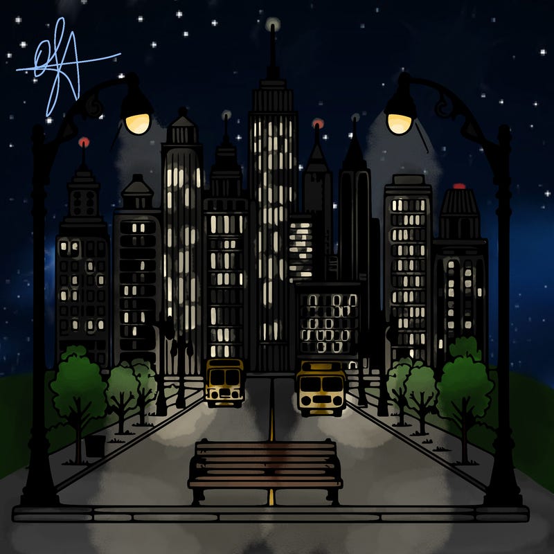 city skyline with street lights and benches