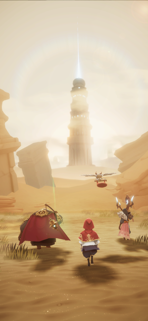 SOULS - Three heroes in the game SOULS walking through a vast desert toward a glowing white tower under a bright sun