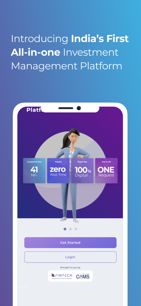 MFCentral Mutual Fund App onboarding screen showing digital investment management features for Indian mutual funds.