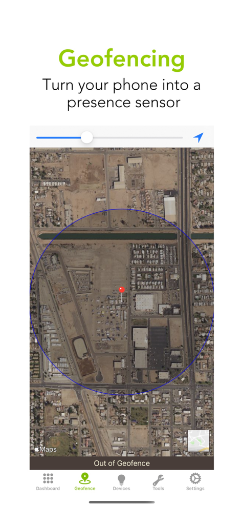 Hubitat Elevation app interface showing the geofencing feature with a map and circular boundary for presence detection.