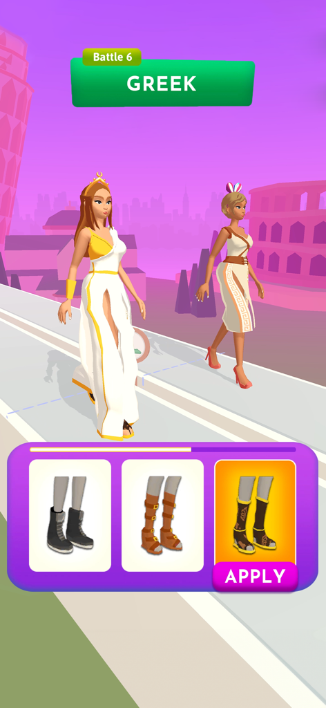 Two characters walking on a runway in Greek-inspired outfits during a fashion battle game