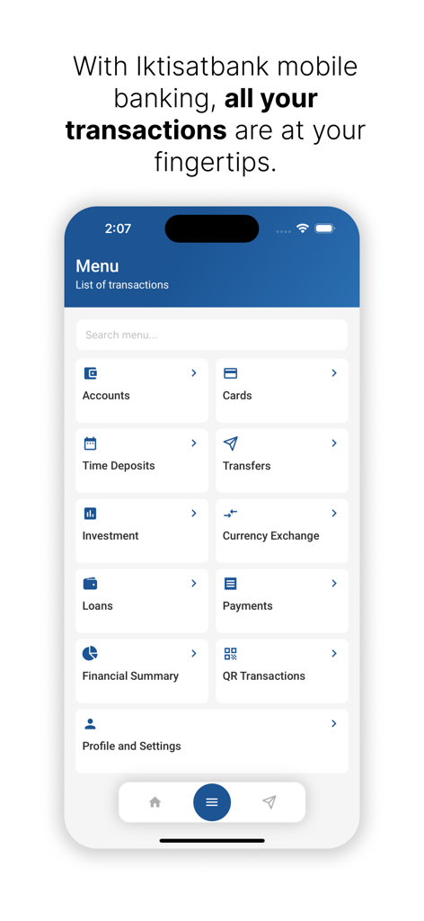 iktisatbank - Menú principal de la aplicación móvil de Iktisatbank que muestra varias funciones bancarias y de inversión.