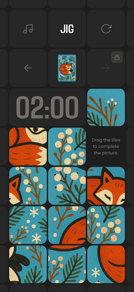 Minimalist sliding puzzle game interface featuring a handcrafted fox illustration and a two minute timer