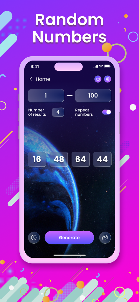 Une capture d'écran de l'outil de générateur de nombres aléatoires dans l'application Spin the Wheel montrant quatre résultats générés