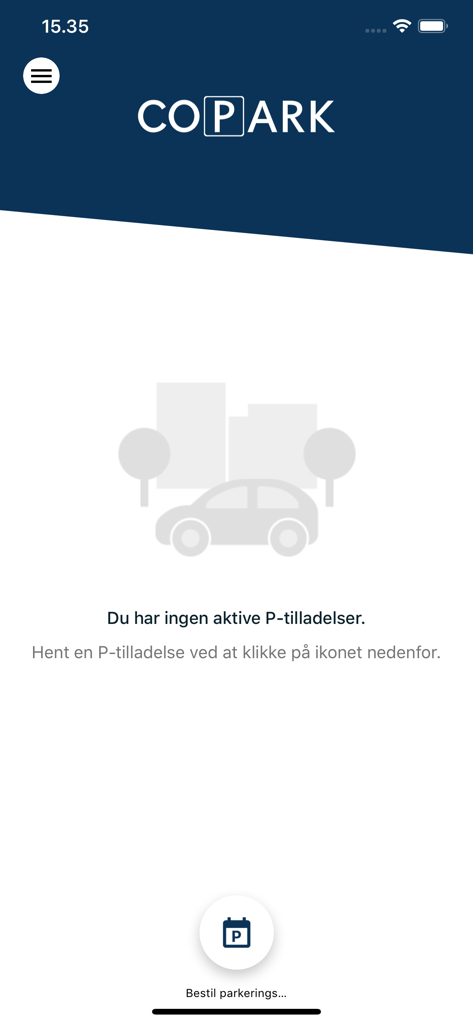 COPARK - The COPARK app screen showing an empty state with no active parking permits and a button to order one.