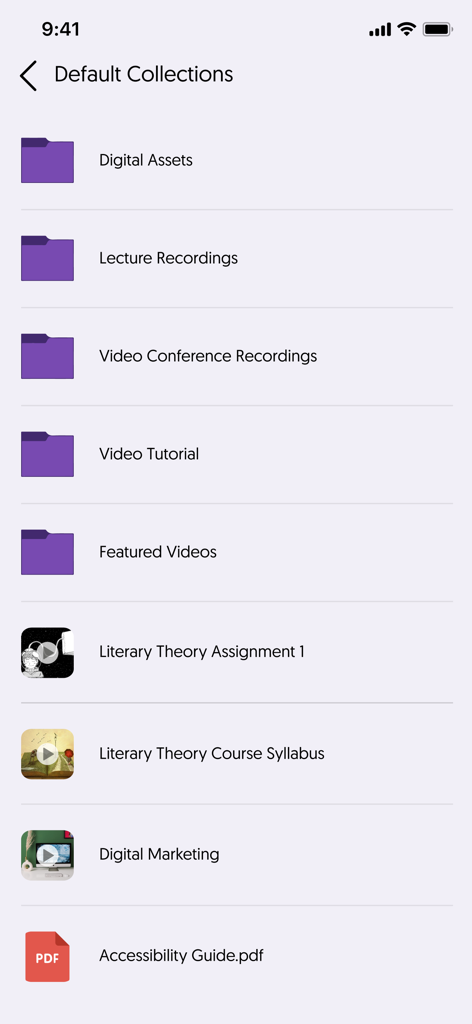 YuJa Lumina - O aplicativo YuJa Lumina exibindo uma lista de pastas de mídia educacional e arquivos de vídeo sob coleções padrão.