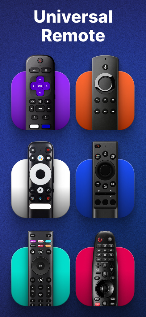 Universal TV Remote Control・ - A display of various physical TV remotes supported by the universal control app