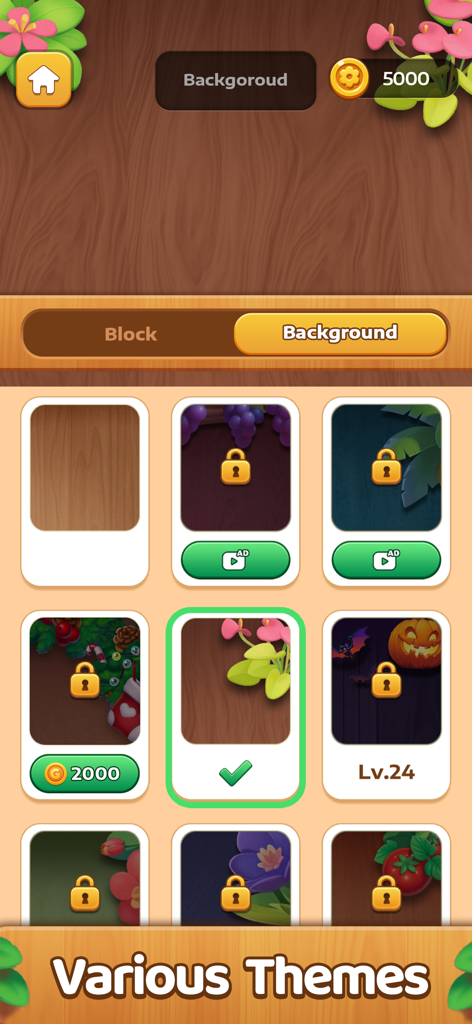 Block Sort: Color Puzzle Games - Menú de temas de fondo personalizables para Block Sort Color Puzzle Games mostrando varios patrones de madera y naturaleza.
