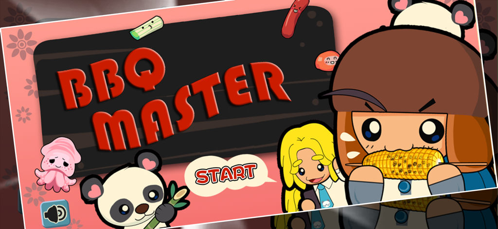 BBQ Cooking Master game start screen featuring colorful cartoon characters