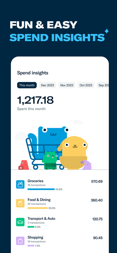 Trust Bank SG - Trust Bank SG spend insights screen showing monthly spending breakdown by category with cute illustrations