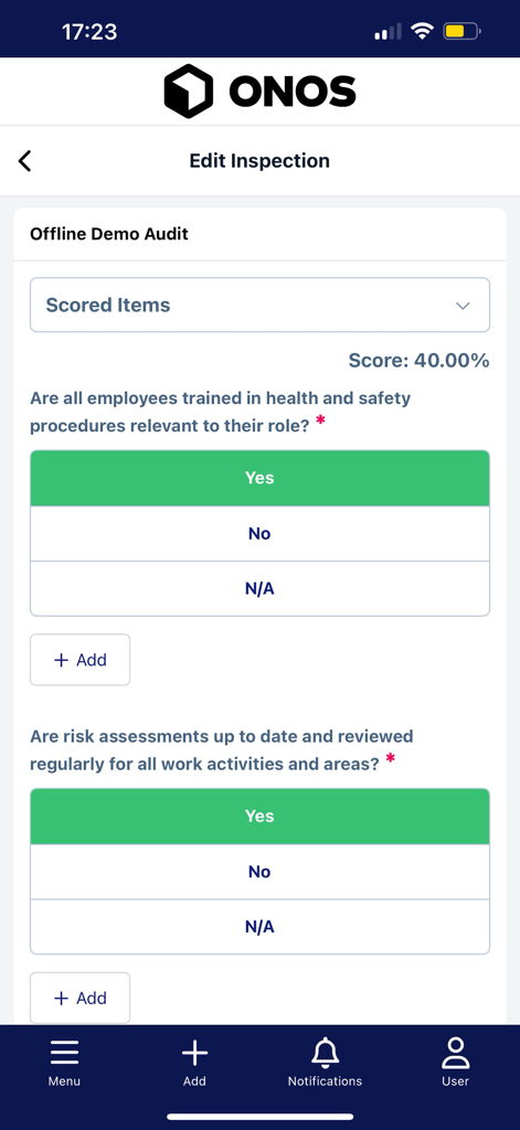 ONOS - ONOS mobile app interface showing a health and safety audit checklist with scored items and yes or no options.