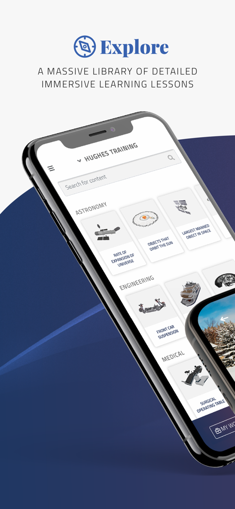 Bildschirm eines Smartphones, der die EON-XR App-Bibliothek mit Lektionen zu Astronomie, Ingenieurwesen und Medizin zeigt