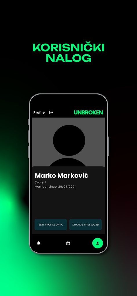 Unbroken.mne - User profile interface in the Unbroken.mne functional fitness app showing member details and settings