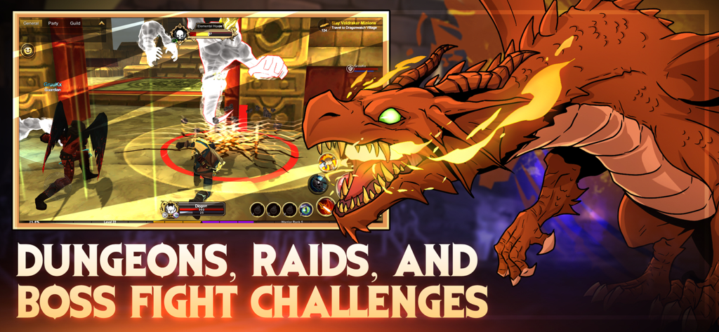 AdventureQuest 3D gameplay screenshot featuring a boss fight and a large dragon.