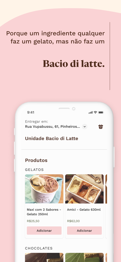 Bacio di Latte - Une interface d'application mobile pour Bacio di Latte montrant un menu de produits de gelato gourmet avec des options de livraison et d'ajout au panier.