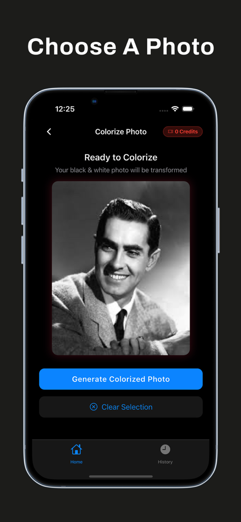 Interfaz de la aplicación mostrando un retrato en blanco y negro con un botón para generar una foto coloreada.