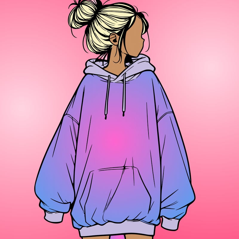 realistic girl with a oversized sweatshirt on and a bun