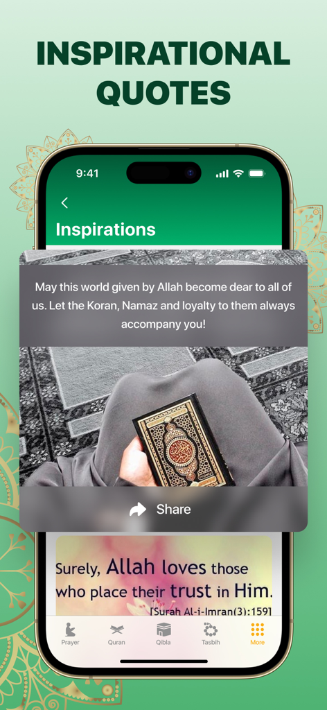 A screenshot of the Muslim Prayer Times app showing a section for daily inspirational Islamic quotes with a share button and a quote from the Quran.