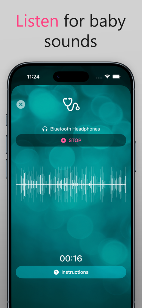 iPhone interface showing a sound waveform while listening to fetal heartbeat sounds