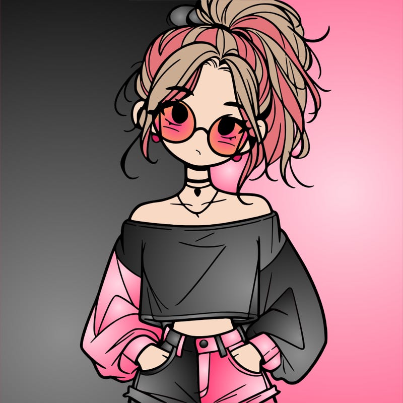 girl with a messy ponytail glasses a baggy crop top and jean shorts