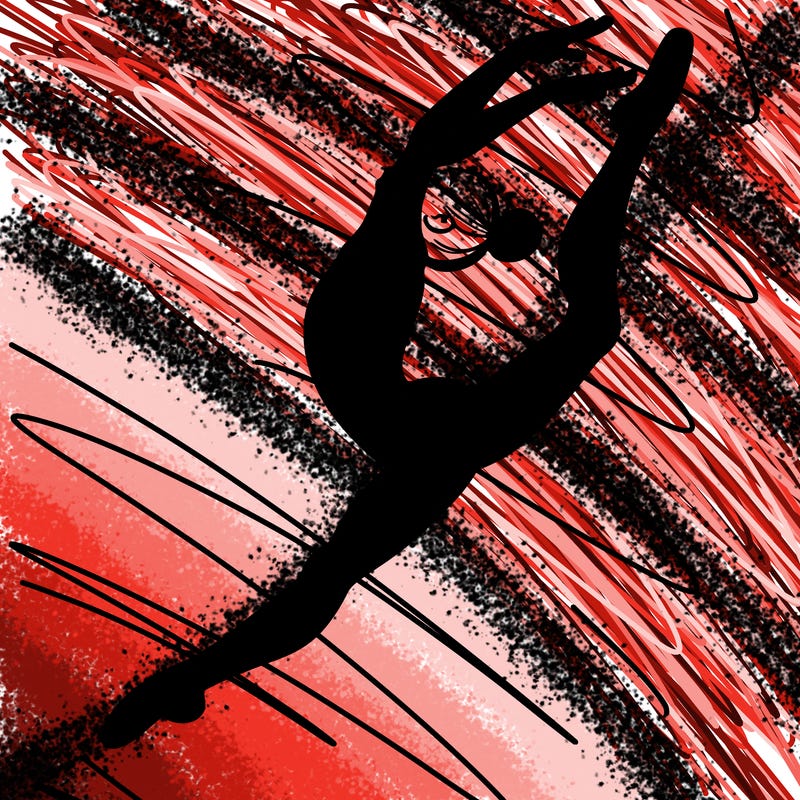 gymnast doing a leap in a leotard with a bent back leg