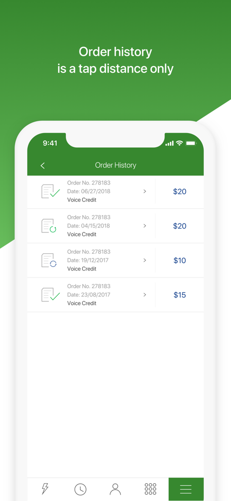 Order history screen in the CallIndia app showing voice credit purchases
